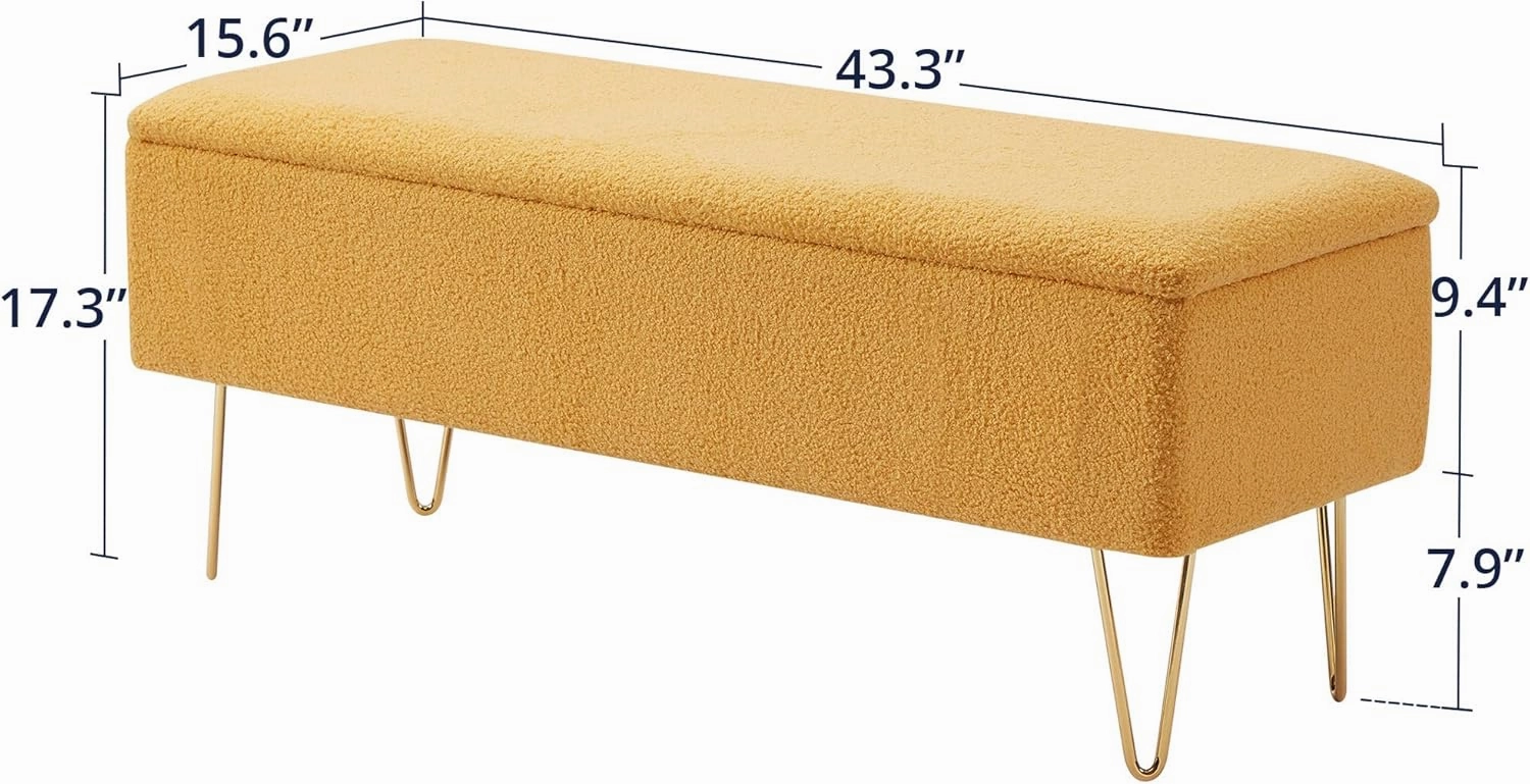 Cozy Castle 43.3" Storage Bench for Bedroom, End of Bed Storage Bench for Entryway, Living Room, Bedroom, Gold Finished Pin Legs, Yellow