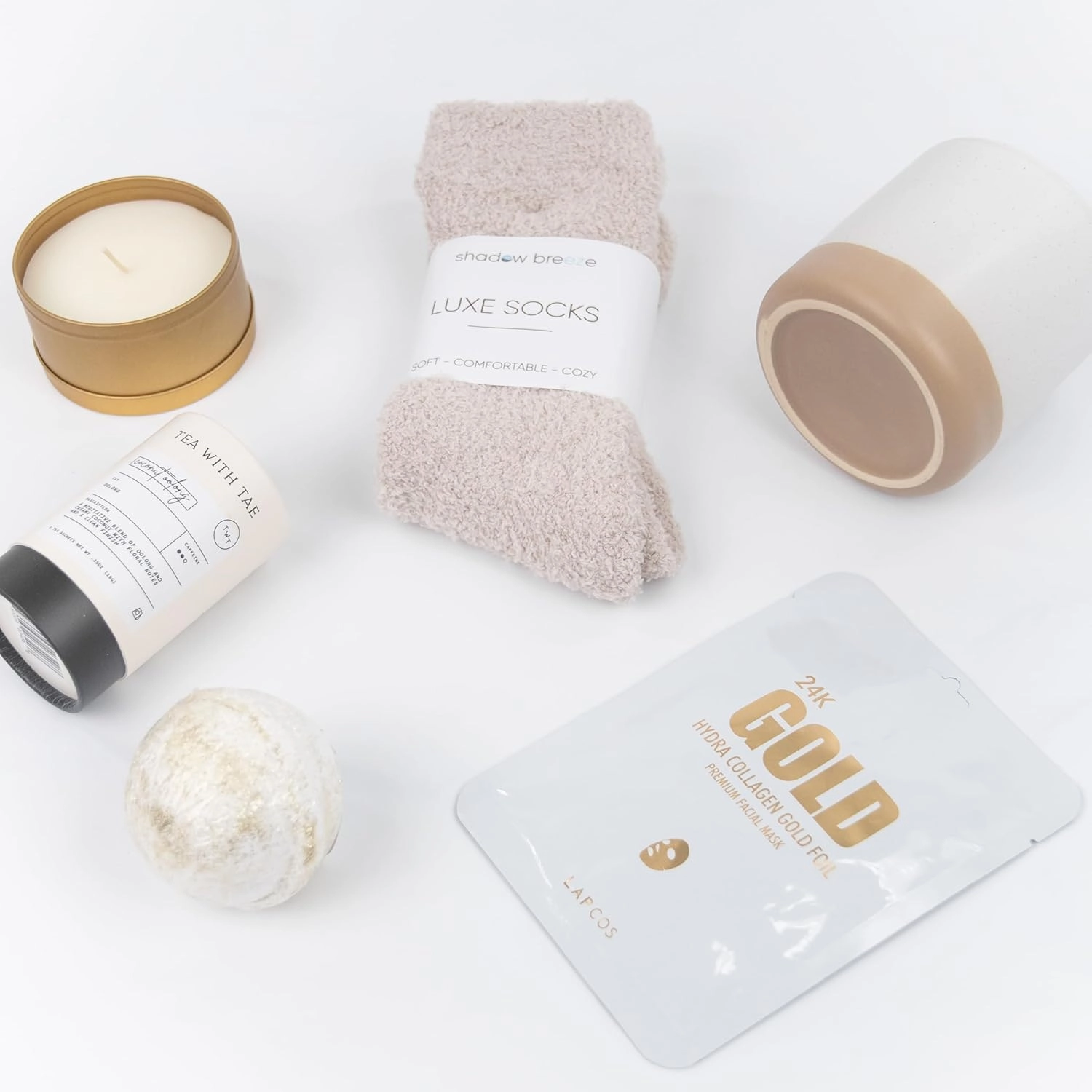 Cozy White/Gold Gift Box for Women | Relaxing Self-Care Package with Ceramic Mug, Scented Candle in a Gold Tin, 24K Gold Face Mask, Plush Socks, Bath Bomb, Tea Sampler & Card (Thank You)