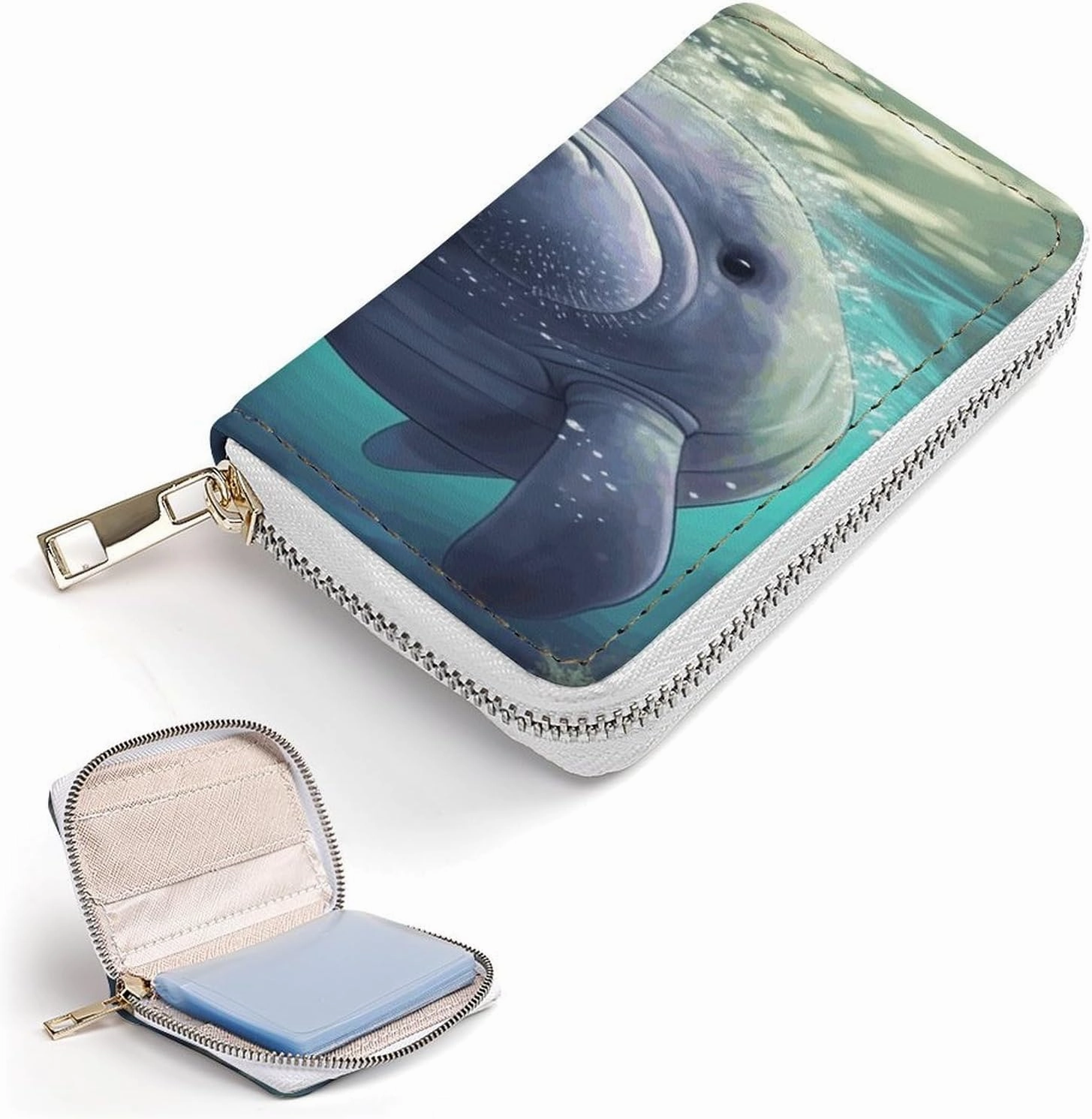 Credit Card Wallet,Cute Sea Animal Manatee Card Cases Holder Credit Card Holder Wallet with Card Slots Coin Cash Zipper Purse Case Wallet