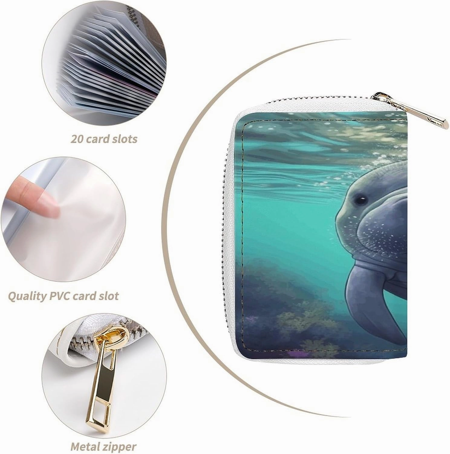 Credit Card Wallet,Cute Sea Animal Manatee Card Cases Holder Credit Card Holder Wallet with Card Slots Coin Cash Zipper Purse Case Wallet