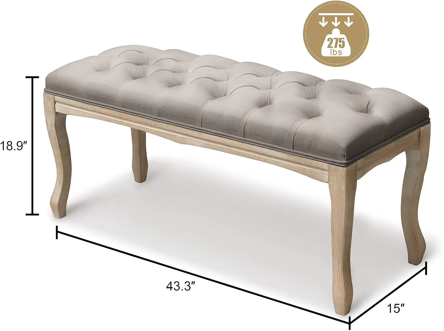 Crestlive Products Upholstered Tufted Bench, Wood Bed Ottoman Middle Century Modern Rectangular Footrest for Bedroom Entryway Channel (Gray)