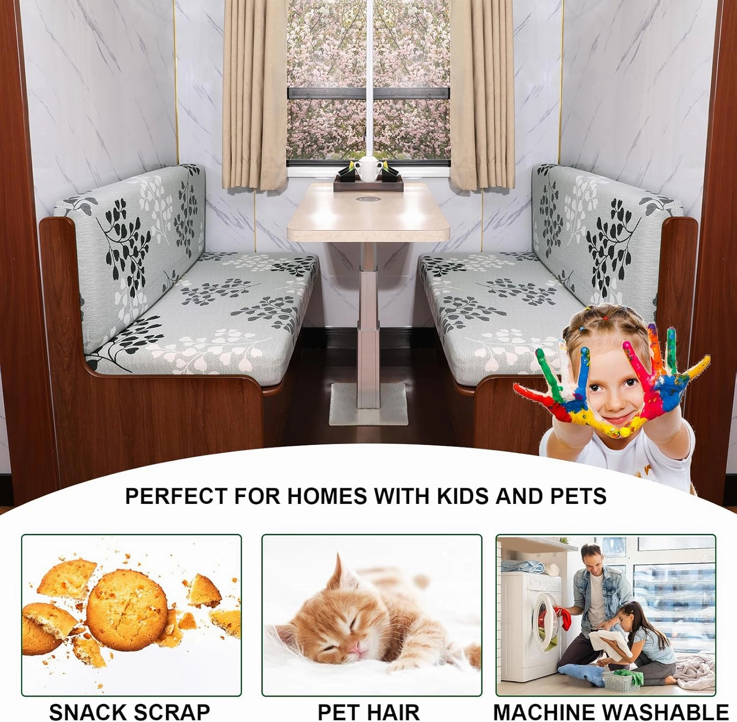 CRFATOP 2 Sets RV Dinette Cushion Covers Printed Camper Cushion Slipcover Stretch 2 Seat Sofa Chair Cover Furniture Protector for RV Camper Car Bench 2 Backrest Covers & 2 Bench Covers,07