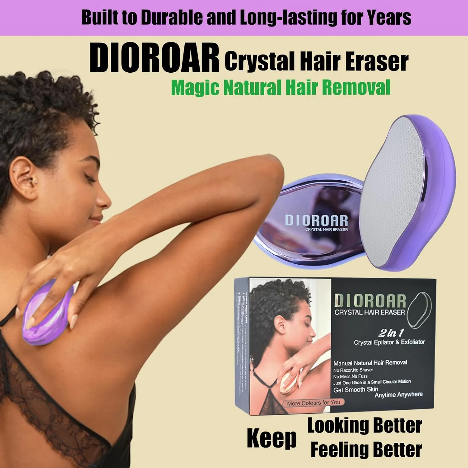 Crystal Hair Eraser,Upgrade Crystal Hair Remover,Physical Nano Glass Hair Removal Device,Painless Epilator and Exfoliator Without Shaver for Quick Soft Silky Skin(Violet)