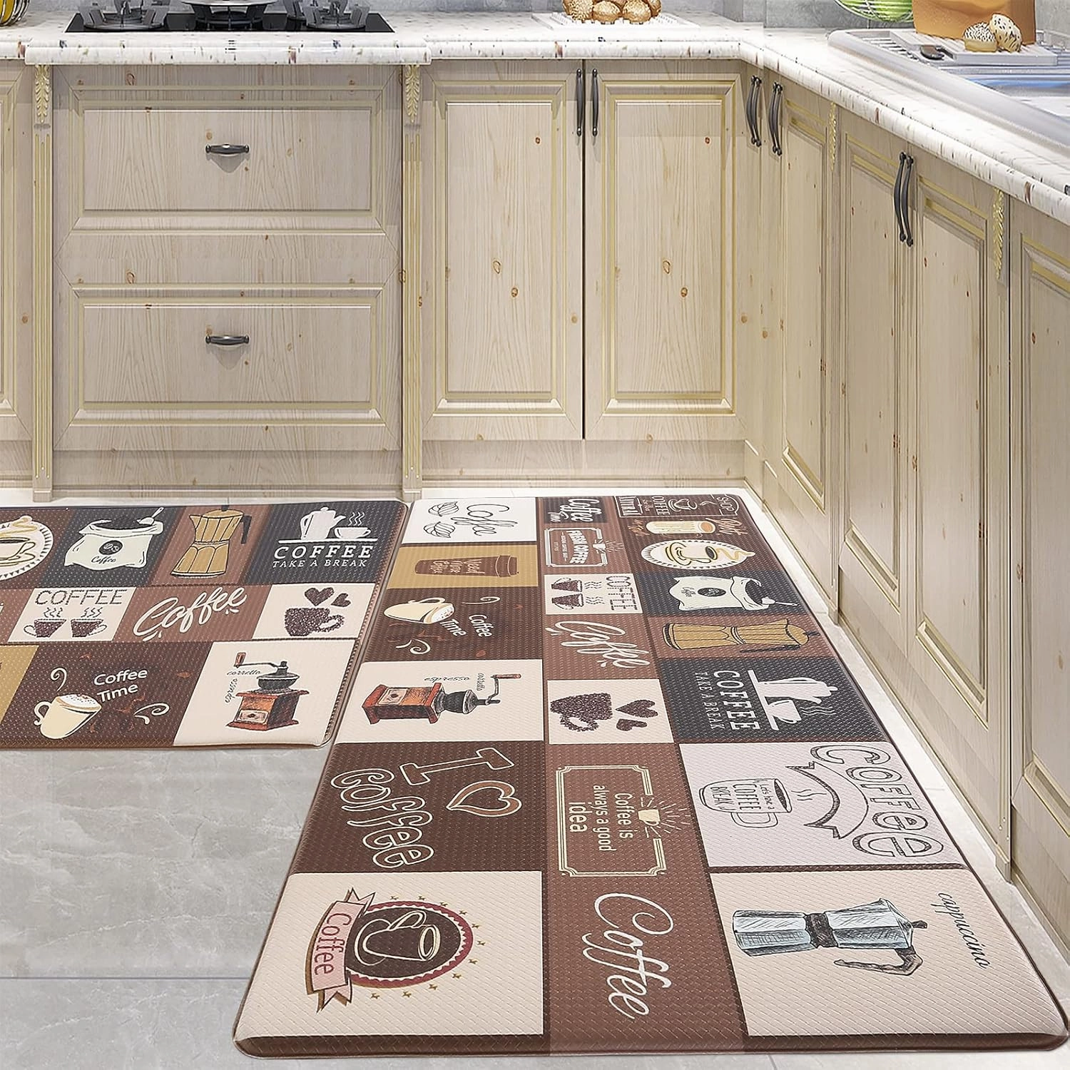 Cushioned Anti Fatigue Kitchen Mats Sets 2, Farmhouse Kitchen Rugs, Waterproof Non-Slip Comfort Mat for Kitchen, Home, Office, Laundry (Light Coffee)