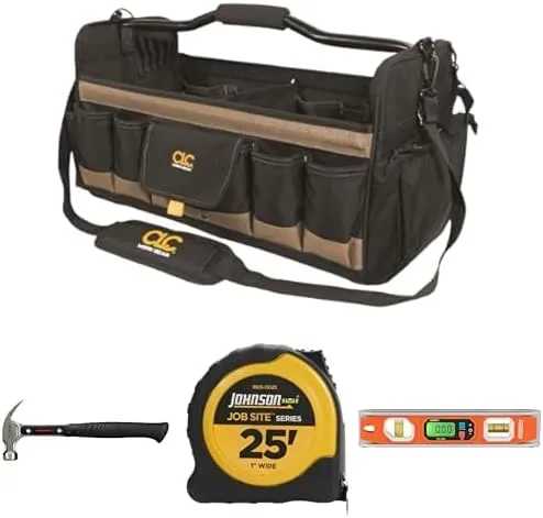 Custom Leathercraft 1579 Tool Box, Hultafors Claw Hammer, Johnson Power Tape, and Johnson Digital Torpedo Level Bundle