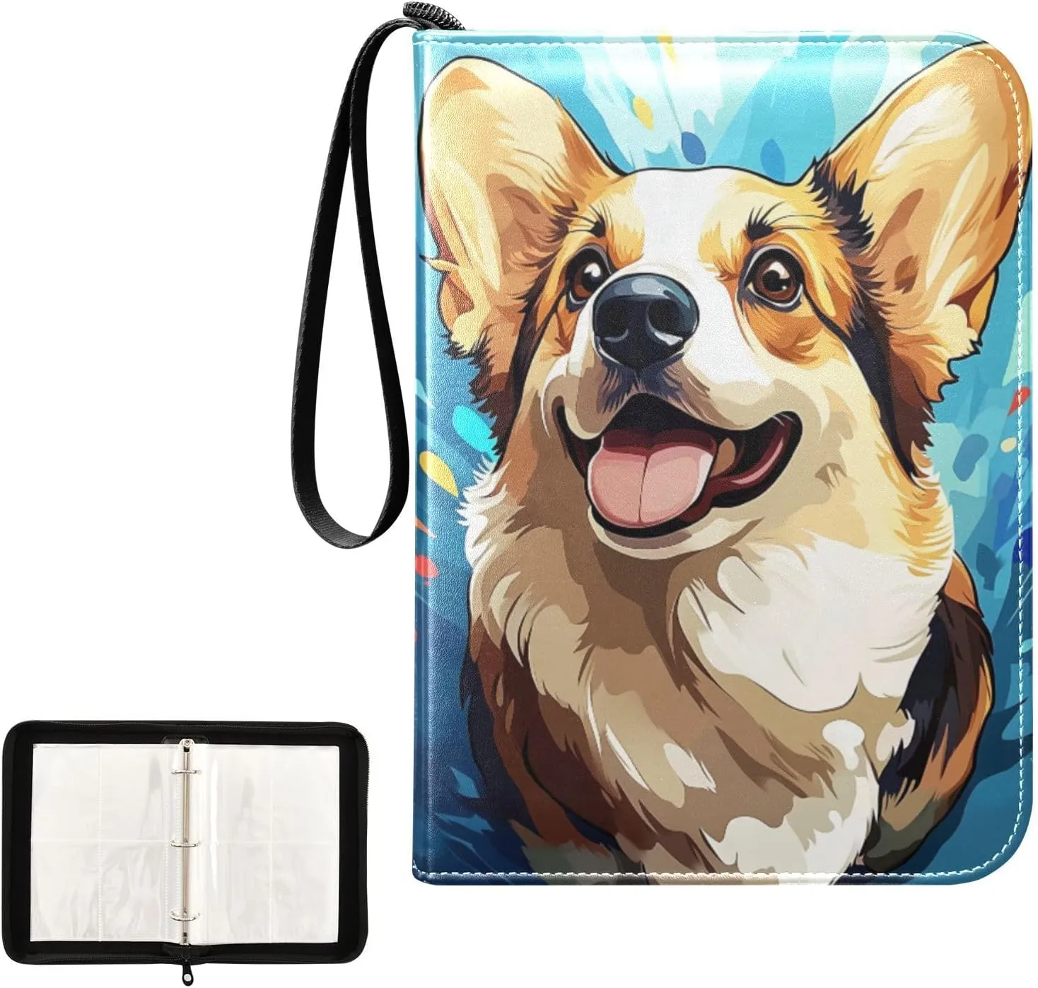 Cute Corgi Painting Dog Card Binder 4 Pocket, Trading Card Holder Fits 400 Game Cards with 50 Removable Sleeves, MTG Card Case Standard Size