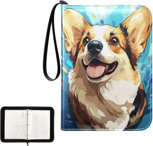 Cute Corgi Painting Dog Card Binder 4 Pocket, Trading Card Holder Fits 400 Game Cards with 50 Removable Sleeves, MTG Card Case Standard Size