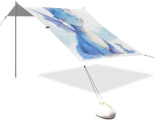 Cute Dragon Lavender Foldable Beach Canopy UPF50 Water-Resistant Large Portable Sun Shelter with Sturdy Poles, Sandbags and Shovel for Backyard and Camping