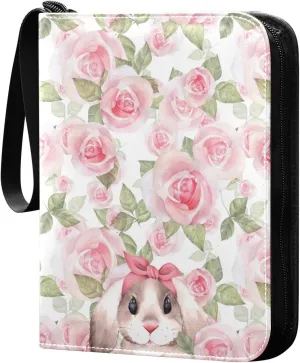 Cute Rabbits and Rose Flower Pattern Card Binder for Trading Cards, 4 Pocket with 50 Sleeves up to 400 Cards, Double Sided Pockets Card Holder Carry Case for Baseball Card, Football Card, Gaming Cards