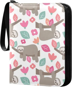 Cute Sloth with Colorful Leaves Card Binder for Trading Cards, 4 Pocket with 50 Sleeves up to 400 Cards, Double Sided Pockets Card Holder Carry Case for Baseball Card, Football Card, Gaming Cards