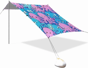 Cute Cartoon Animal sea Blue Purple Designed UPF50  Protection Foldable Beach Cabana Waterproof Large Sun Shelter with Sandbags & Sand Shovel for Backyard, Grassland, Park carpas para Playa en