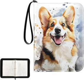 Cute Corgi Painting Card Binder 4 Pocket, Trading Card Holder Fits 400 Game Cards with 50 Removable Sleeves, MTG Card Case Standard Size