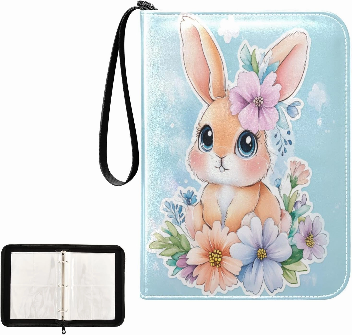 Cute Rabbit Flowers Paint Card Binder 4 Pocket, Trading Card Holder Fits 400 Game Cards with 50 Removable Sleeves, MTG Card Case Standard Size