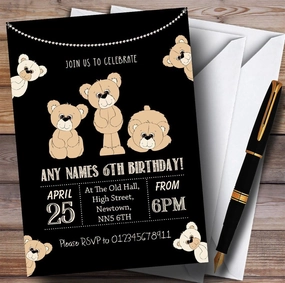 Cute Teddy Bears Black Childrens Birthday Party Invitations