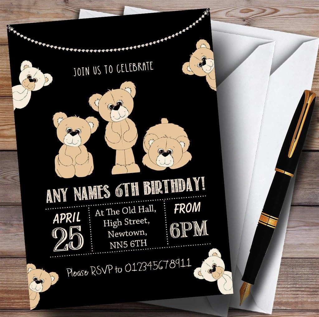 Cute Teddy Bears Black Childrens Birthday Party Invitations