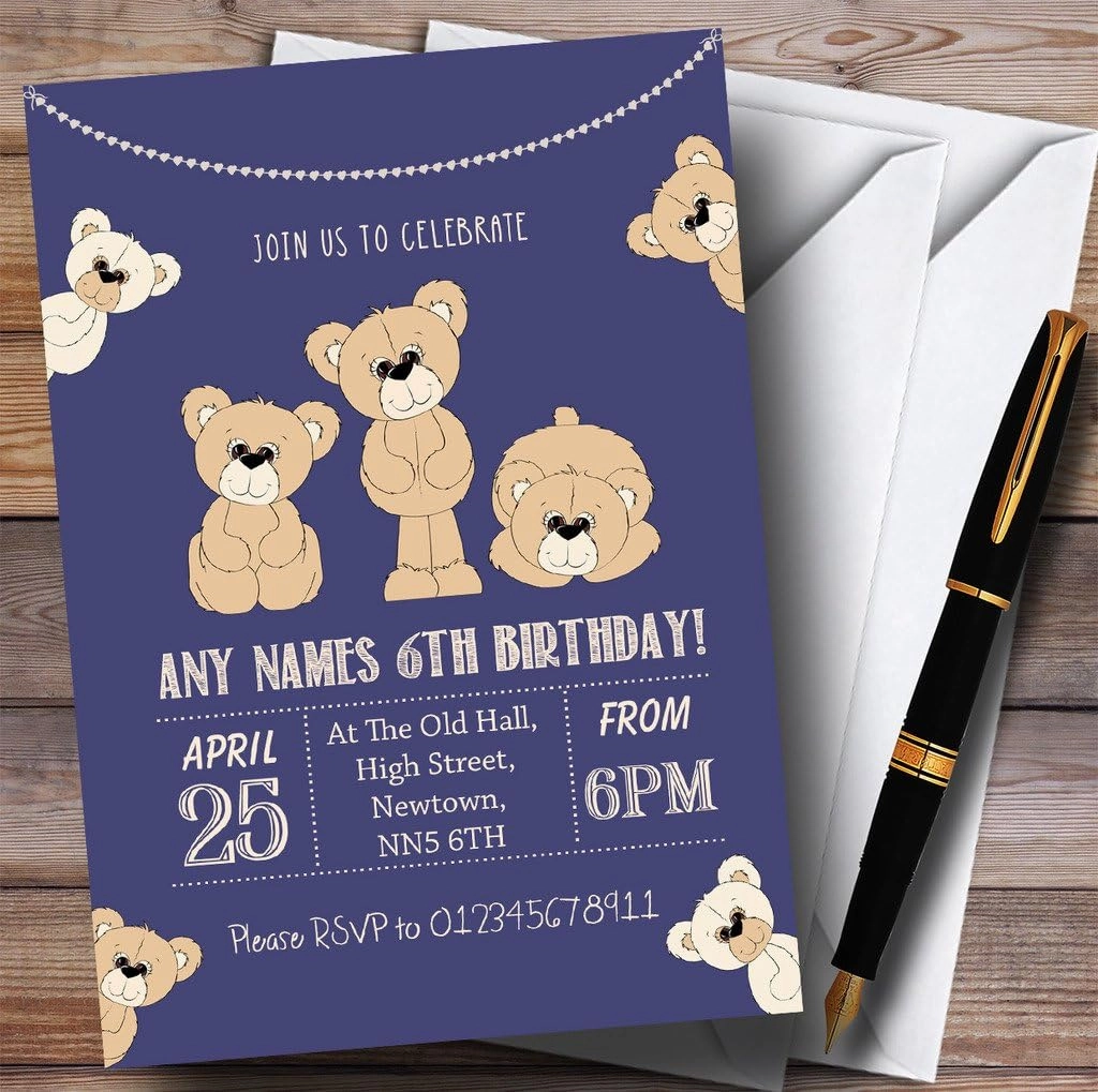 Cute Teddy Bears Blue Childrens Birthday Party Invitations