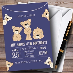 Cute Teddy Bears Blue Childrens Birthday Party Invitations