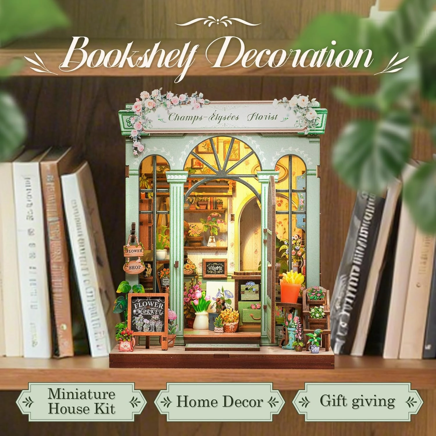 CUTEBEE Book Nook Kit - DIY Miniature House Dollhouse Kit for Adults and Teens, Booknook Tiny House Bookshelf 3D Wooden Puzzle, Gifts for Family (Champs-Élysées Florist)