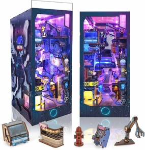 Cyberpunk DIY Book Nook Kit,Miniature House Kit,Bookshelf Booknook Insert Dollhouse,Dust Proof Tiny House Model,3D Wooden Puzzle with Cool Lights,Easter Halloween Home Decor,Family Birthday Gifts