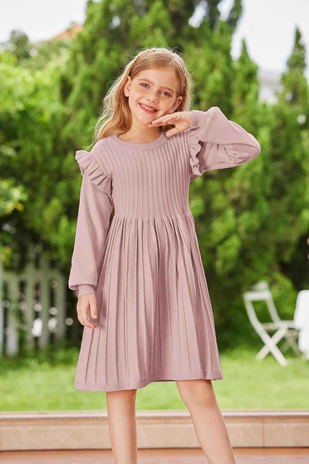 Danna Belle Girls Sweater Dress Lantern Sleeve Ruffled Fall Winter Dresses 5-12Y