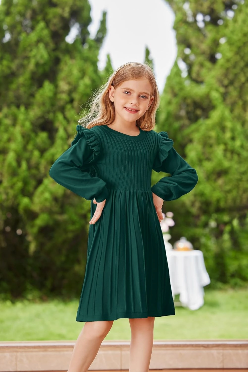 Danna Belle Girls Sweater Dress Lantern Sleeve Ruffled Fall Winter Dresses 5-12Y