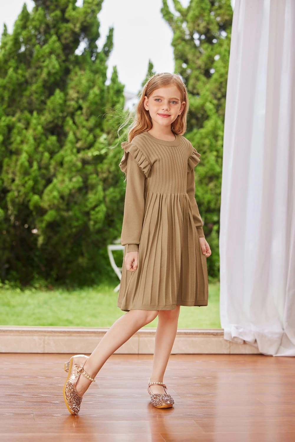 Danna Belle Girls Sweater Dress Lantern Sleeve Ruffled Fall Winter Dresses 5-12Y