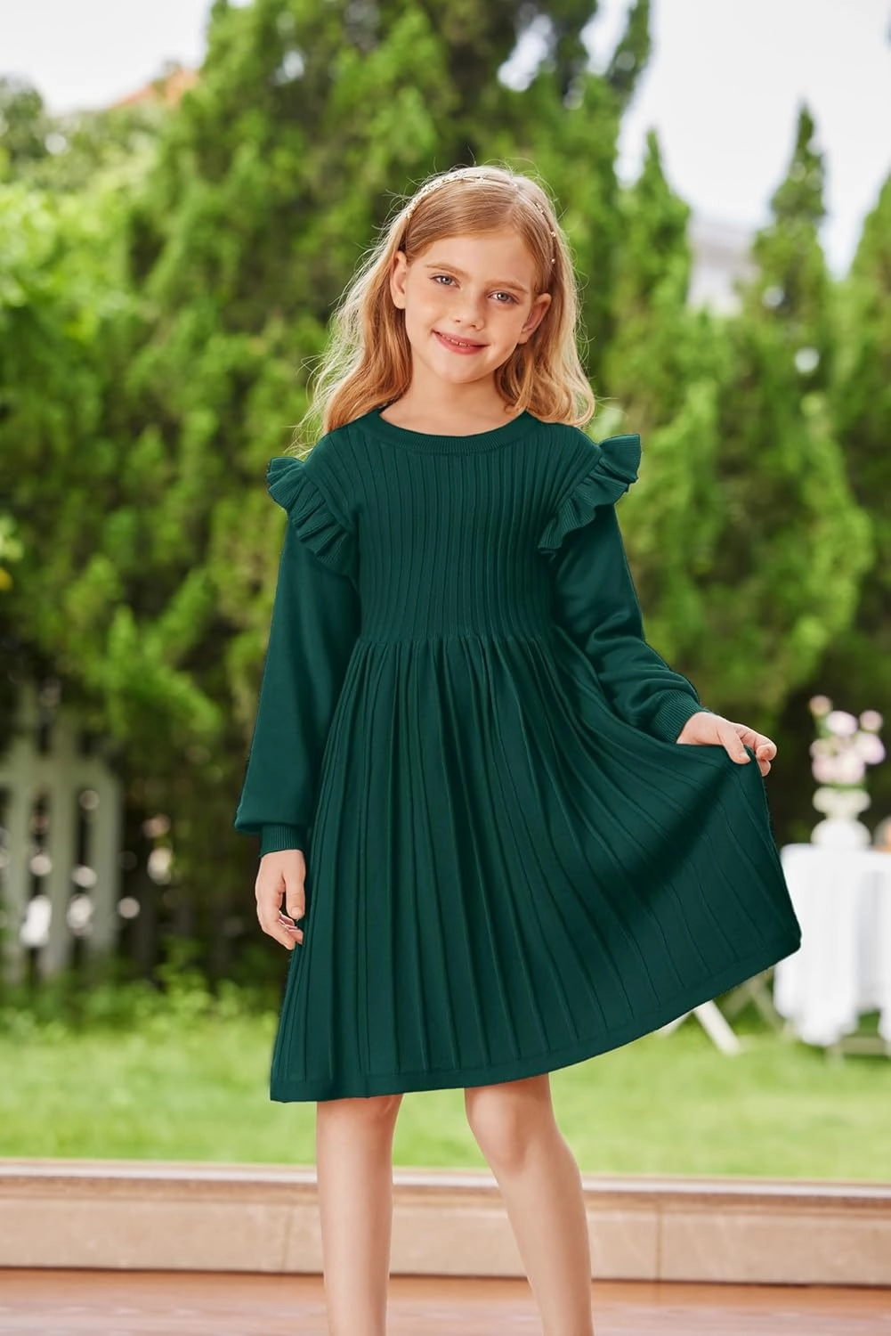 Danna Belle Girls Sweater Dress Lantern Sleeve Ruffled Fall Winter Dresses 5-12Y
