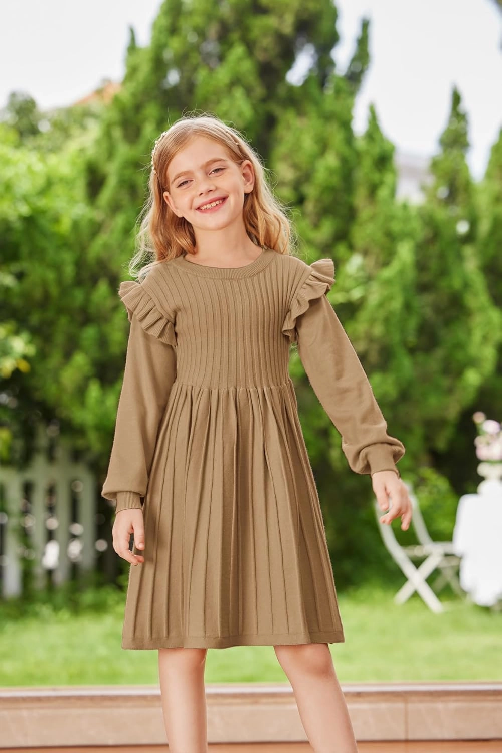 Danna Belle Girls Sweater Dress Lantern Sleeve Ruffled Fall Winter Dresses 5-12Y