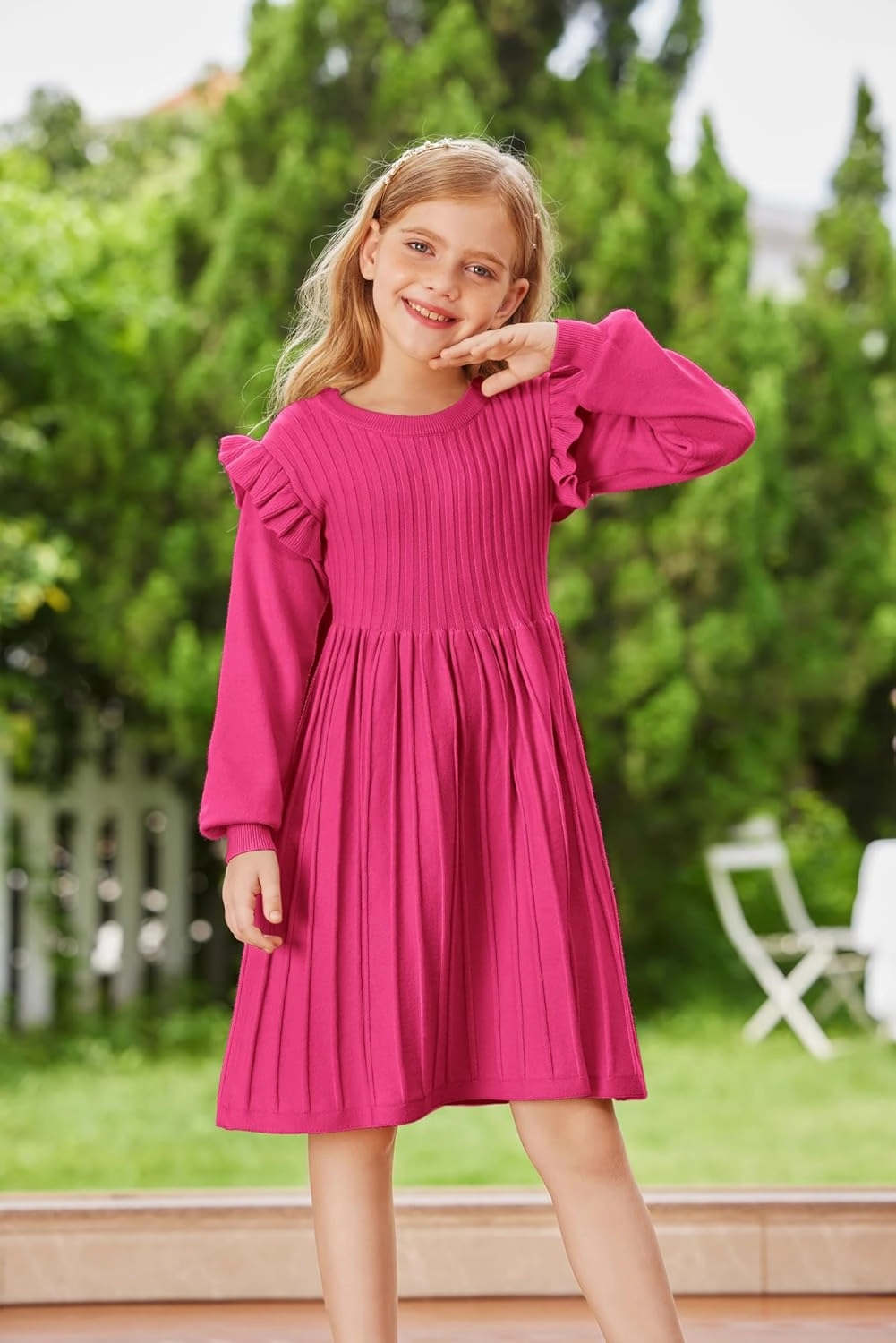 Danna Belle Girls Sweater Dress Lantern Sleeve Ruffled Fall Winter Dresses 5-12Y
