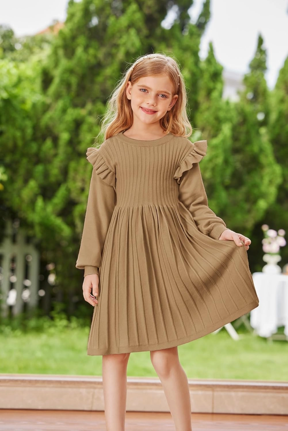 Danna Belle Girls Sweater Dress Lantern Sleeve Ruffled Fall Winter Dresses 5-12Y