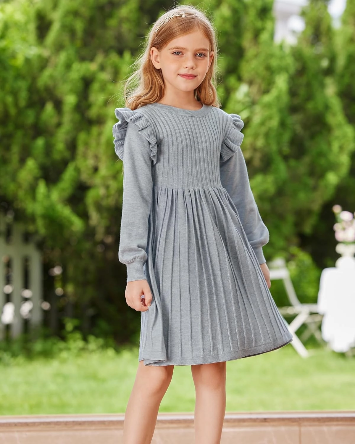 Danna Belle Girls Sweater Dress Lantern Sleeve Ruffled Fall Winter Dresses 5-12Y