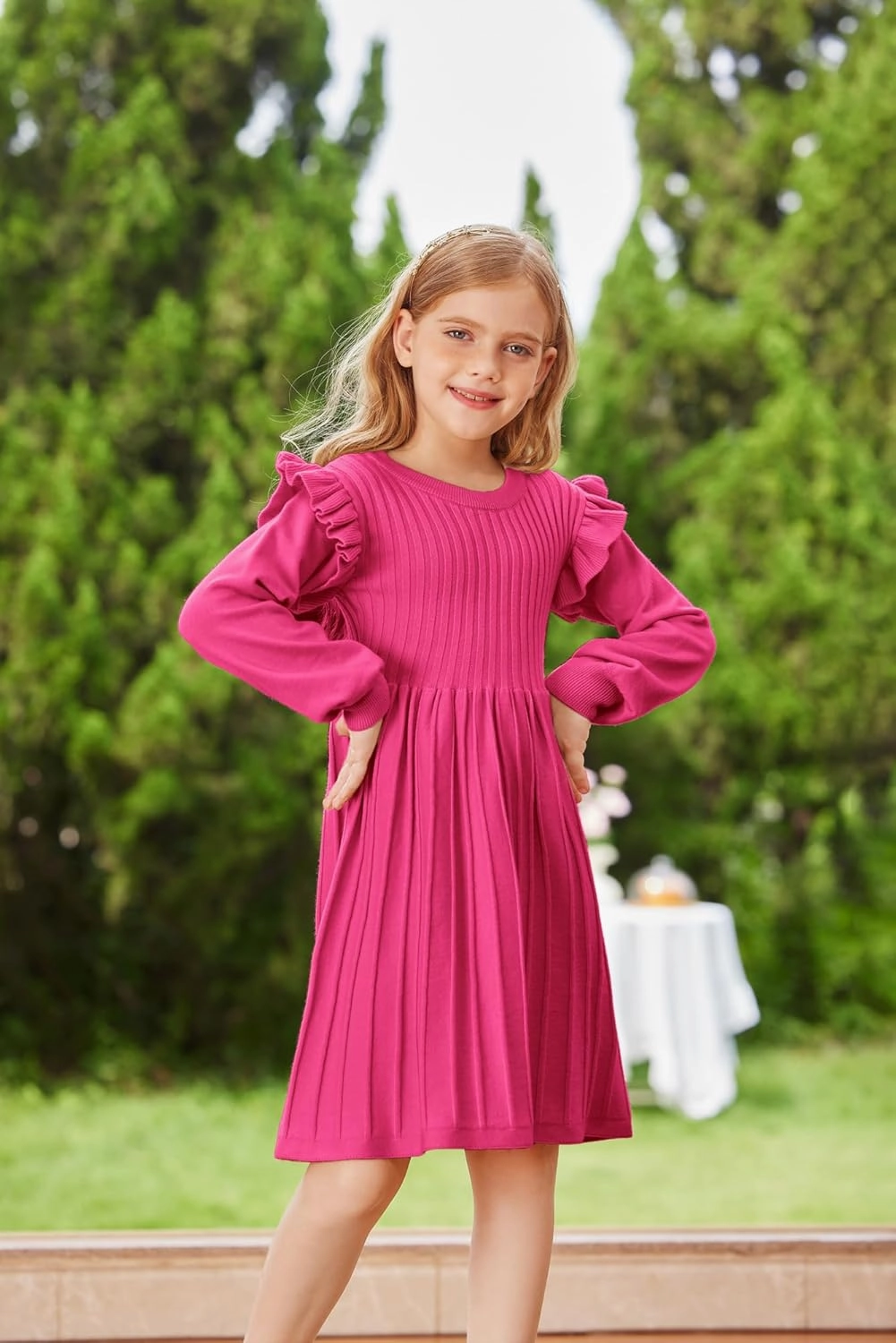 Danna Belle Girls Sweater Dress Lantern Sleeve Ruffled Fall Winter Dresses 5-12Y