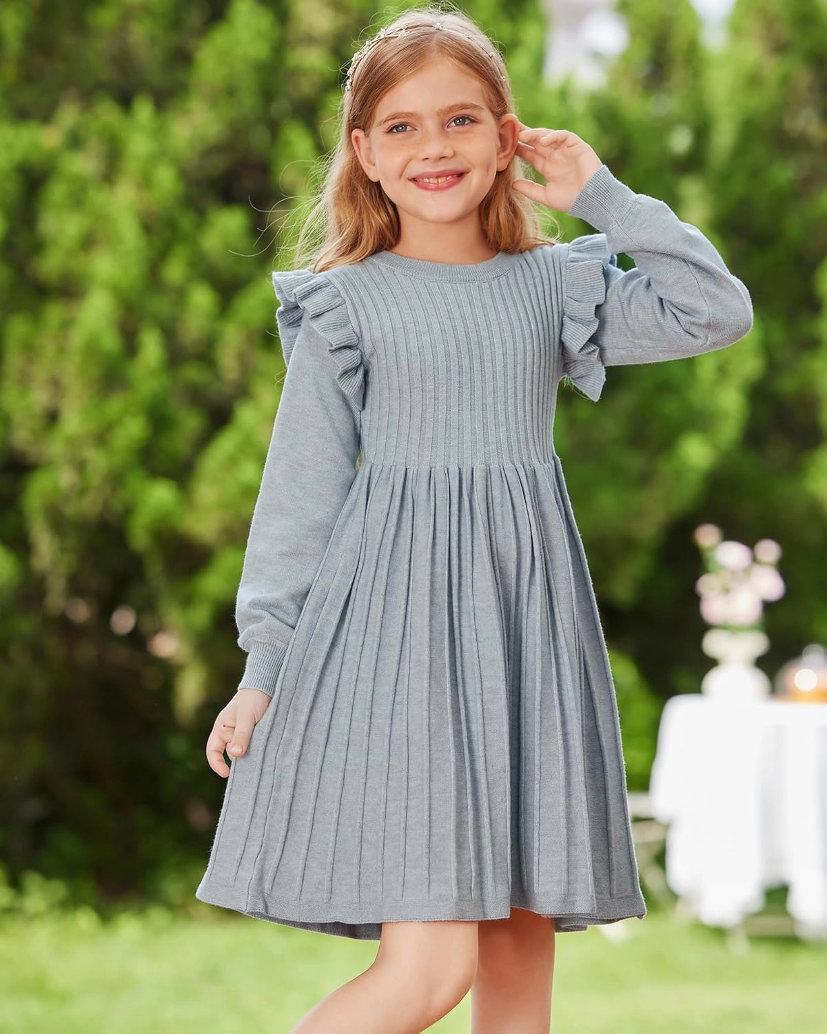 Danna Belle Girls Sweater Dress Lantern Sleeve Ruffled Fall Winter Dresses 5-12Y