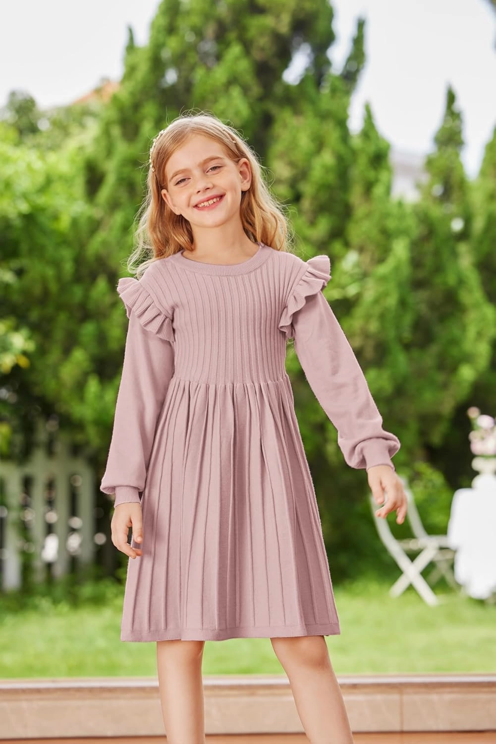 Danna Belle Girls Sweater Dress Lantern Sleeve Ruffled Fall Winter Dresses 5-12Y