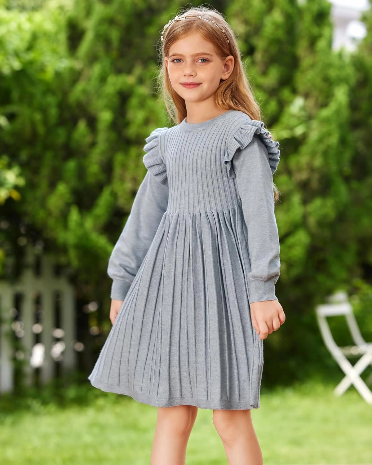 Danna Belle Girls Sweater Dress Lantern Sleeve Ruffled Fall Winter Dresses 5-12Y