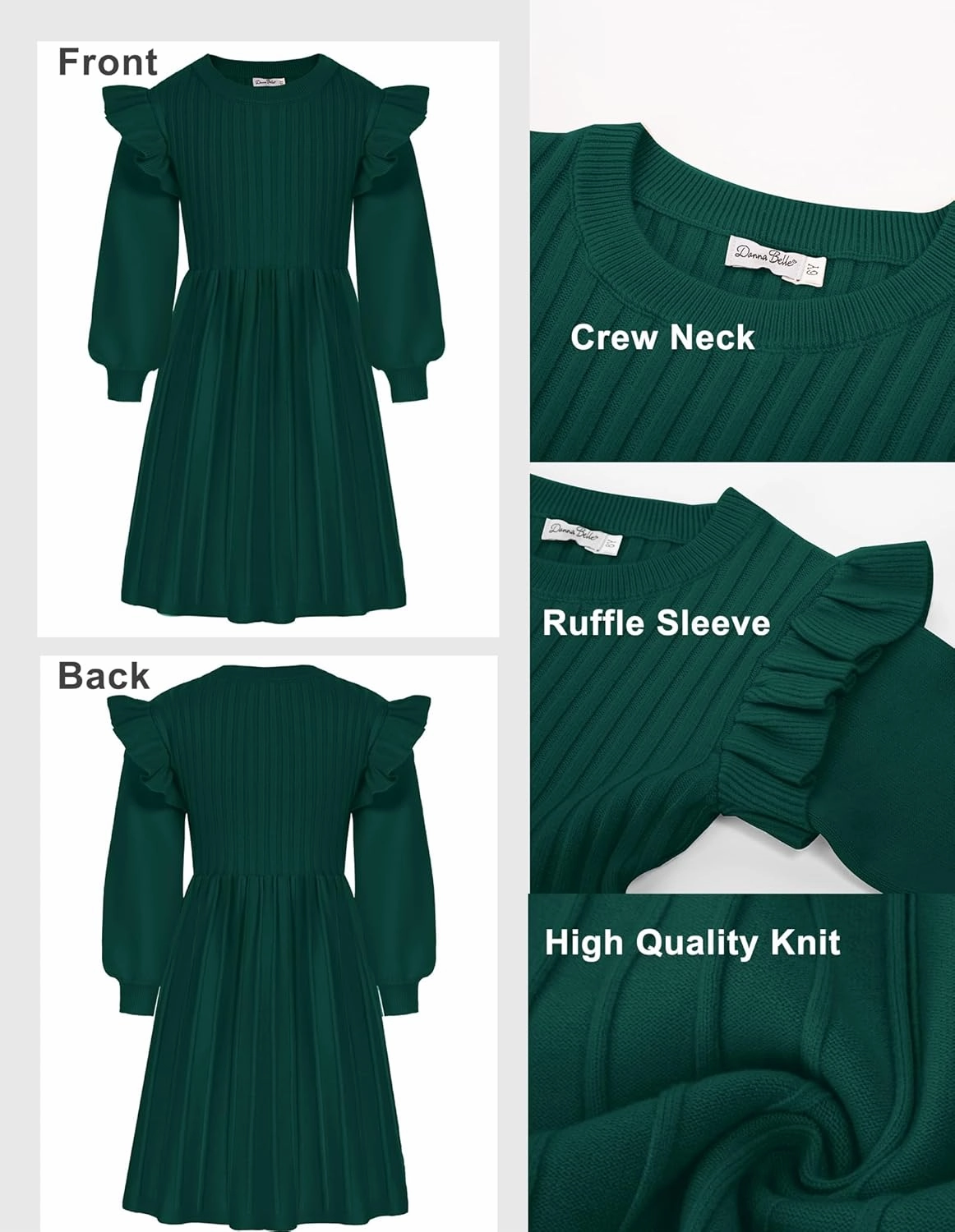 Danna Belle Girls Sweater Dress Lantern Sleeve Ruffled Fall Winter Dresses 5-12Y