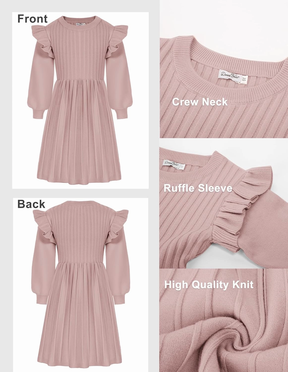 Danna Belle Girls Sweater Dress Lantern Sleeve Ruffled Fall Winter Dresses 5-12Y