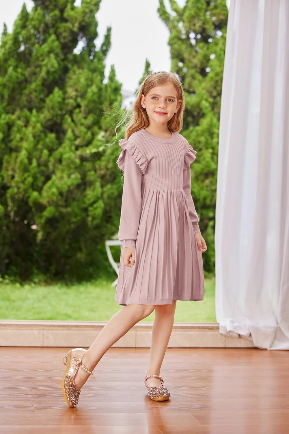 Danna Belle Girls Sweater Dress Lantern Sleeve Ruffled Fall Winter Dresses 5-12Y