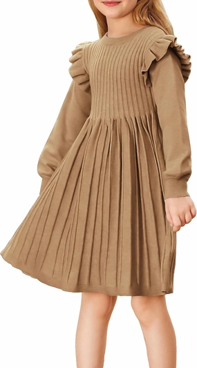 Danna Belle Girls Sweater Dress Lantern Sleeve Ruffled Fall Winter Dresses 5-12Y