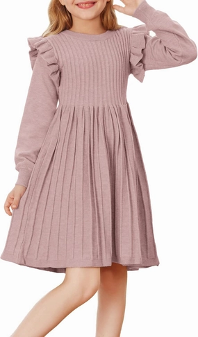 Danna Belle Girls Sweater Dress Lantern Sleeve Ruffled Fall Winter Dresses 5-12Y