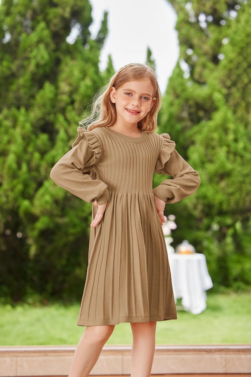 Danna Belle Girls Sweater Dress Lantern Sleeve Ruffled Fall Winter Dresses 5-12Y