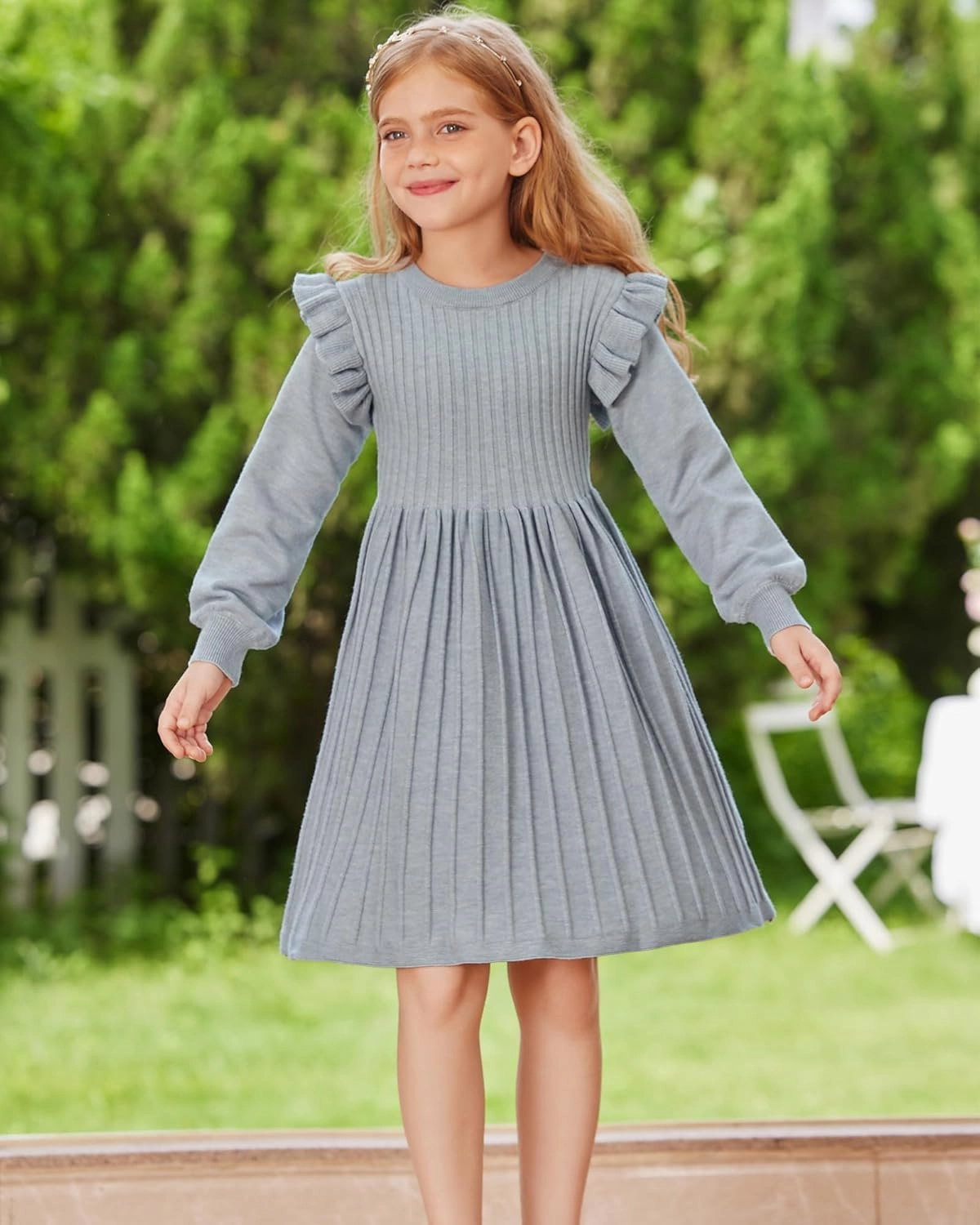 Danna Belle Girls Sweater Dress Lantern Sleeve Ruffled Fall Winter Dresses 5-12Y