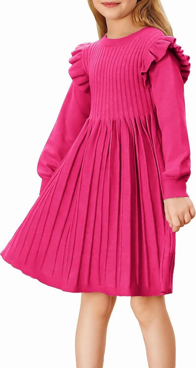 Danna Belle Girls Sweater Dress Lantern Sleeve Ruffled Fall Winter Dresses 5-12Y