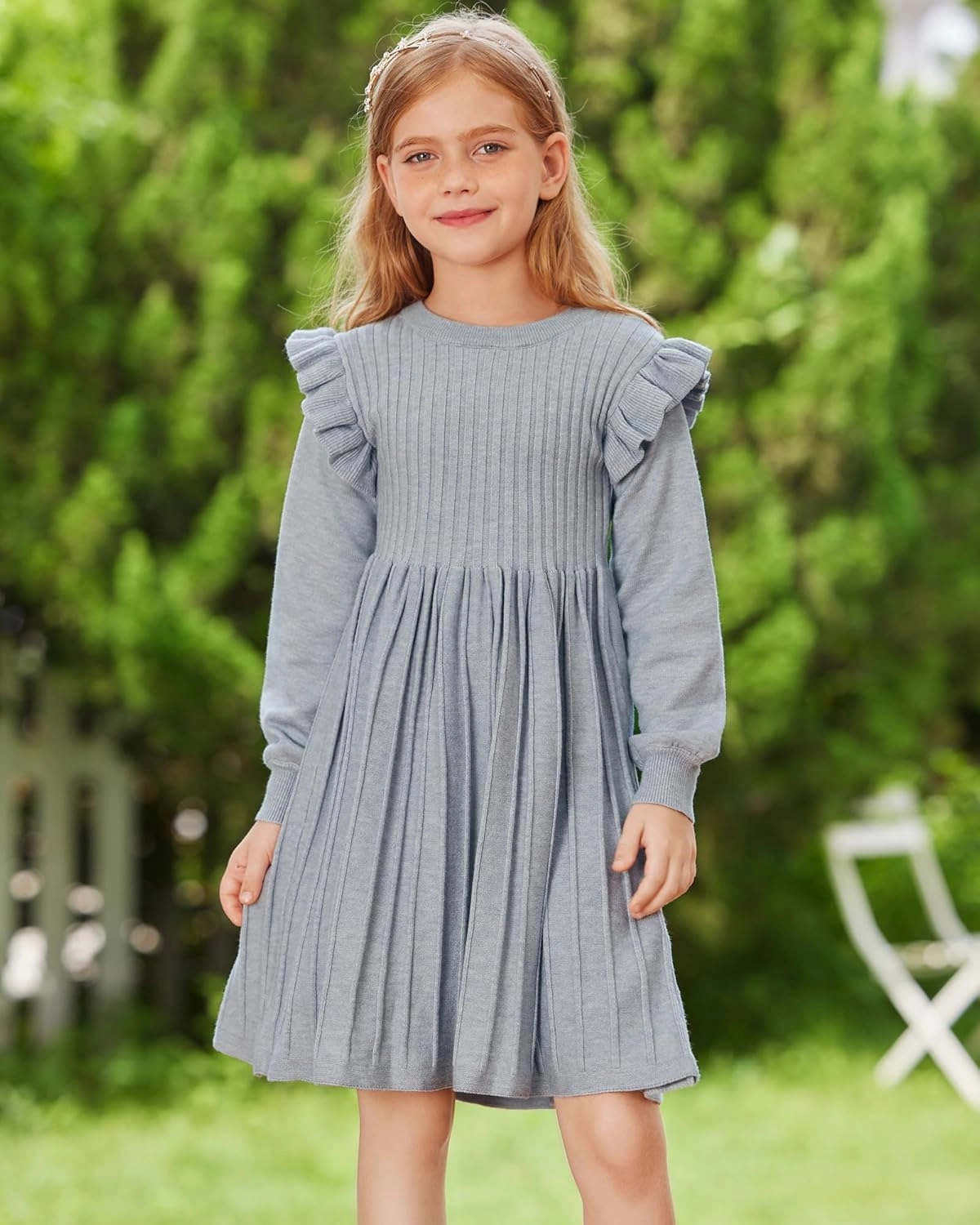 Danna Belle Girls Sweater Dress Lantern Sleeve Ruffled Fall Winter Dresses 5-12Y
