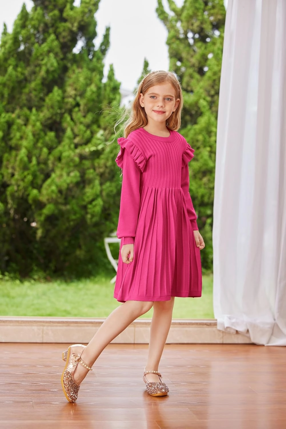 Danna Belle Girls Sweater Dress Lantern Sleeve Ruffled Fall Winter Dresses 5-12Y