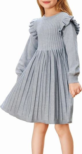 Danna Belle Girls Sweater Dress Lantern Sleeve Ruffled Fall Winter Dresses 5-12Y