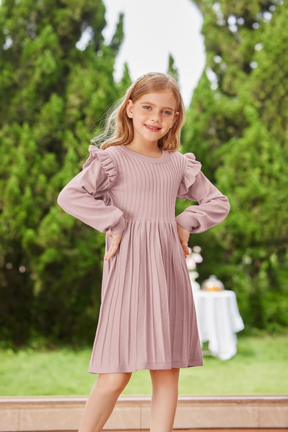 Danna Belle Girls Sweater Dress Lantern Sleeve Ruffled Fall Winter Dresses 5-12Y