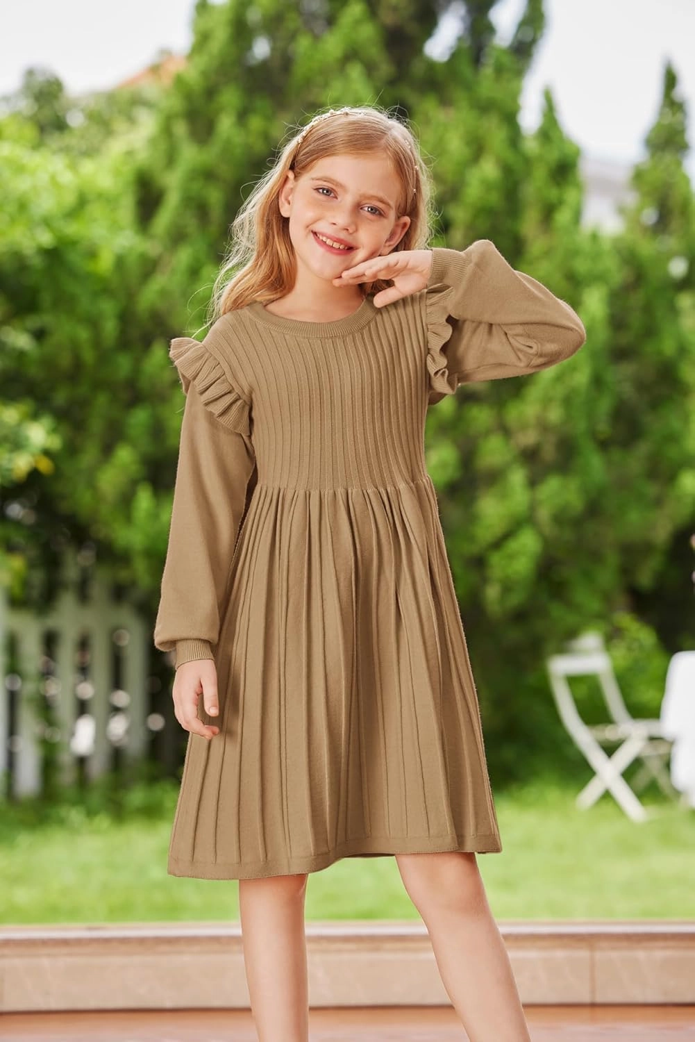 Danna Belle Girls Sweater Dress Lantern Sleeve Ruffled Fall Winter Dresses 5-12Y