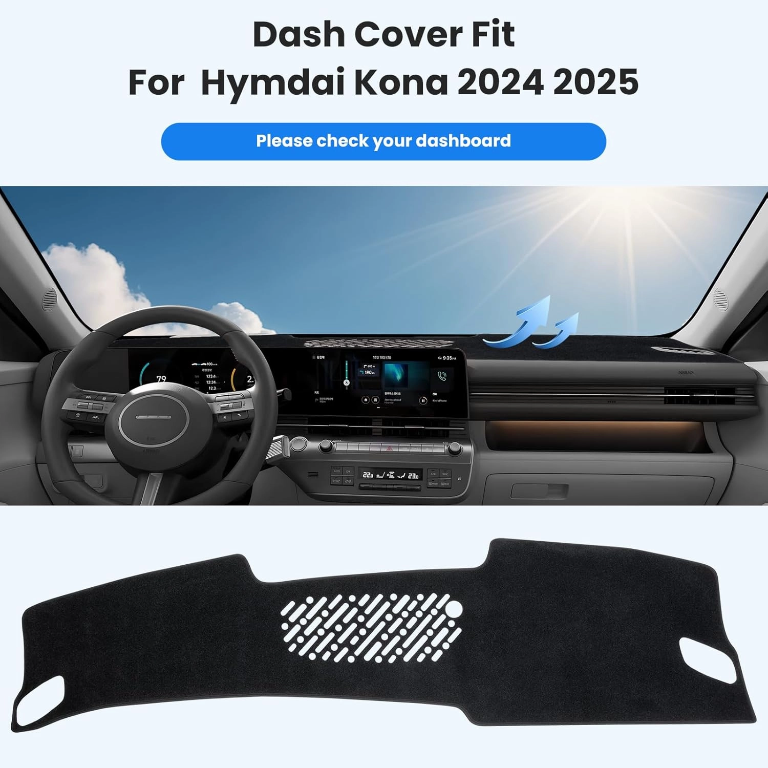 Dashboard Cover Dash Cover Mat Compatible with Hyundai Kona 2024 2025 Accessories,Dash Mat Sunshade UV Protector Non-Slip