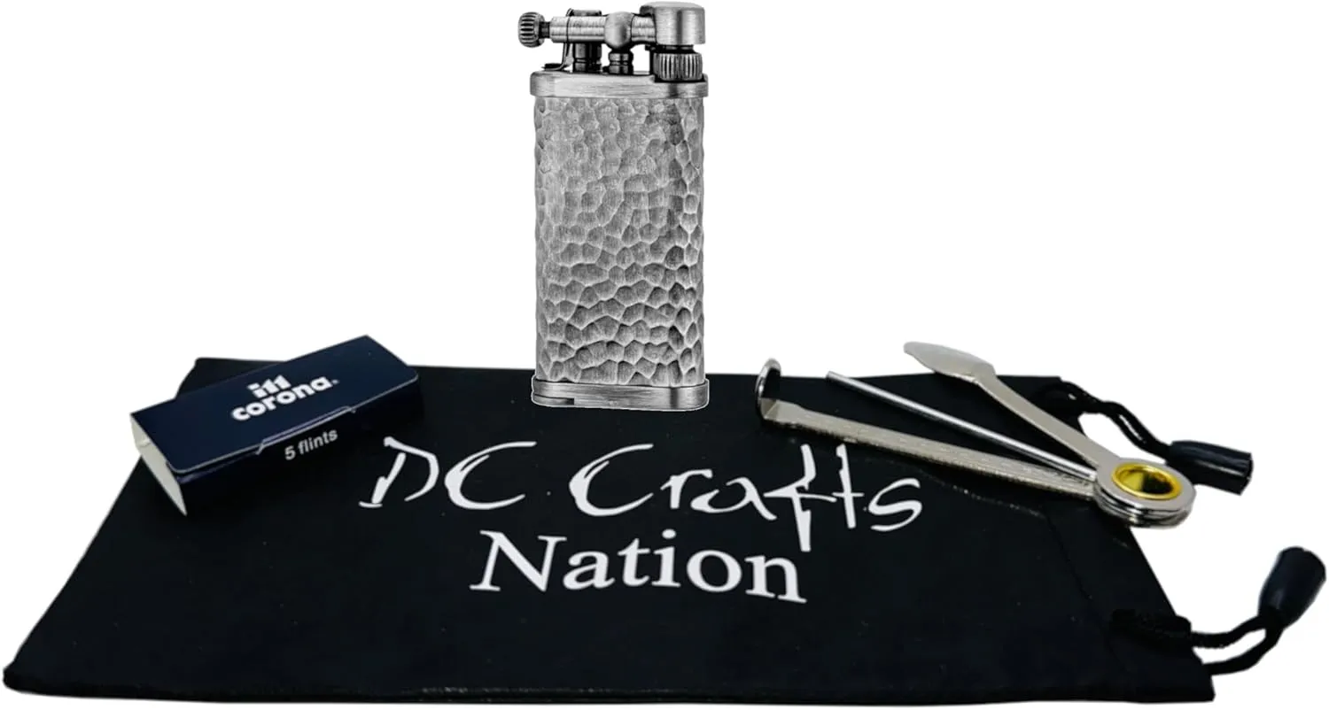 DC Crafts Pipe Bag with IM Corona Old Boy Pipe Lighter - Includes Czech Pipe Tool, & 5 Pack of IM Corona Flints - (Antique Silver Hammer Tone)